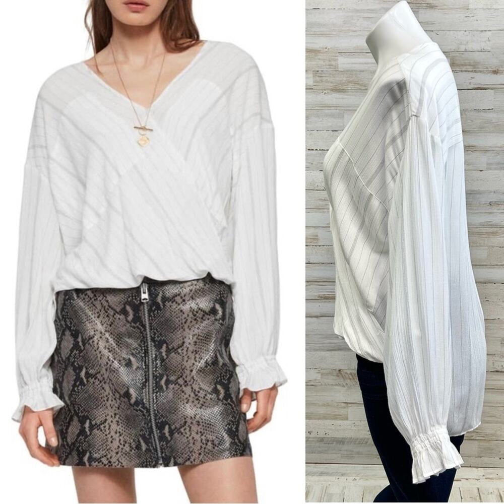 AllSaints Penny Striped Cross Over Top Womens Size XS White Gray Faux Wrap